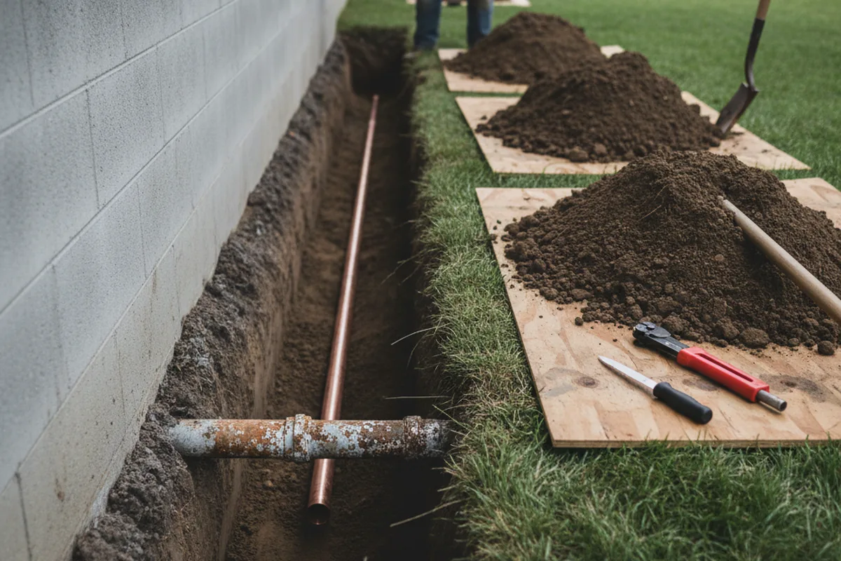 Excavated water line trench during Water Heater Repair in Neck City